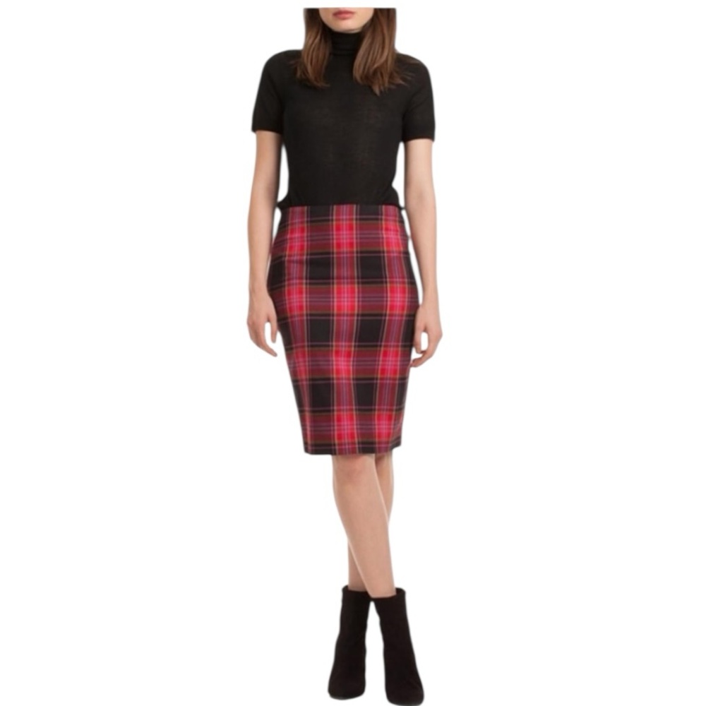 Trina Turk Red Pink Black Plaid Print Pencil Skirt - 4